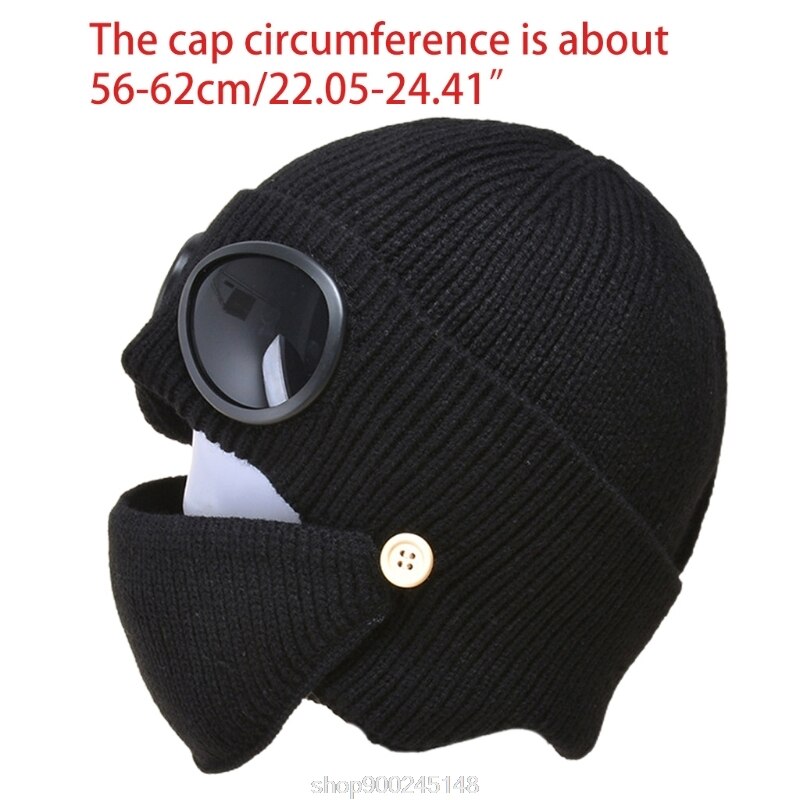 2 In 1 Ribbed Knit Beanie Hat Mouth Mask Set Warm Windproof Snow Cuffed Earflap Cap with Glasses Goggles N03 20