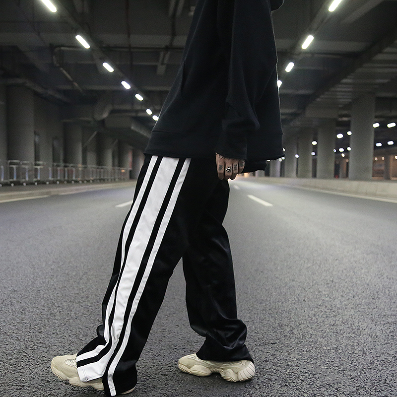 Męskie dno zamek błyskawiczny aksamitne spodnie szerokie nogawki boczne łączone paski proste spodnie luźne dorywczo spodnie z elastyczną gumką w pasie hiphopowy sweter