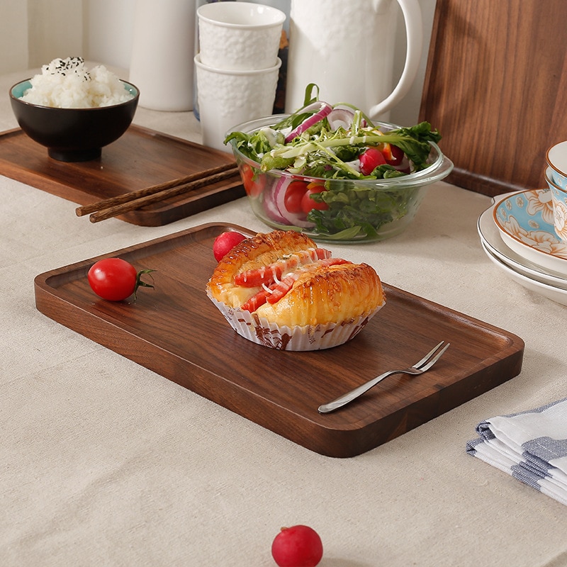Rectangle Japanese Black Walnut Wooden Bread Fruit Dishes Saucer Tea Dessert Dinner Tray Pan Plates