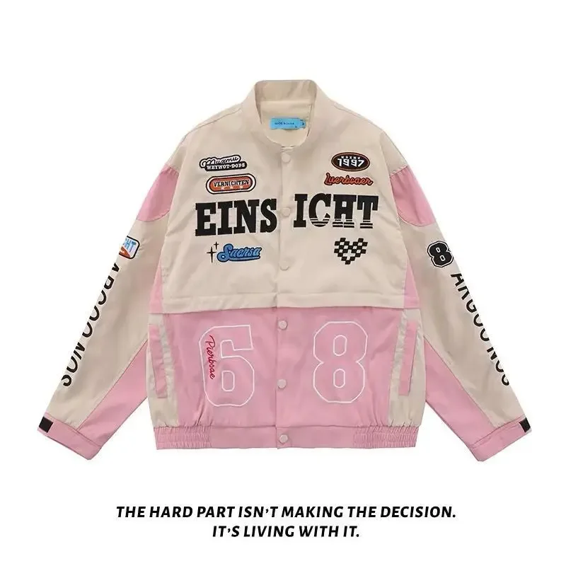 Motorsykkel rosa jakke kvinner amerikansk retro par avtakbar sykkel baseballjakker  y2k topper klær harajuku klær: Xxl / beige