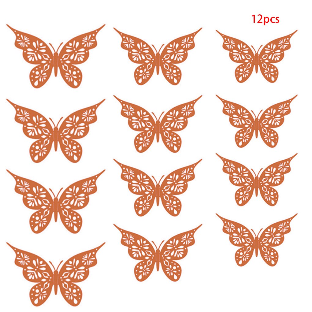 12Pcs/Set Golden 3D Hollow Out Paper Butterfly Wall Sticker Party Shopping Window Home Decor For Kids Room Sticker Mural: Rose Gold