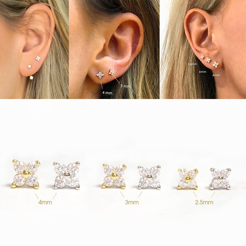 Inmaker 2/3/4Mm Vrouwen Oorbellen Crystal Flower Piercing Stud Oorbellen 925 Sterling Zilver Kleine Kraakbeen oorbel Oreja De Mujer