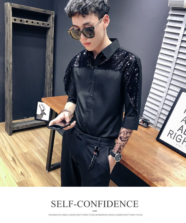 Men&#39;s Sleeve Shirt Personality Sequins Splicing Nightclubs DJ Men&#39;s Trends Youth Slim Handsome Hair Stylist Costumes