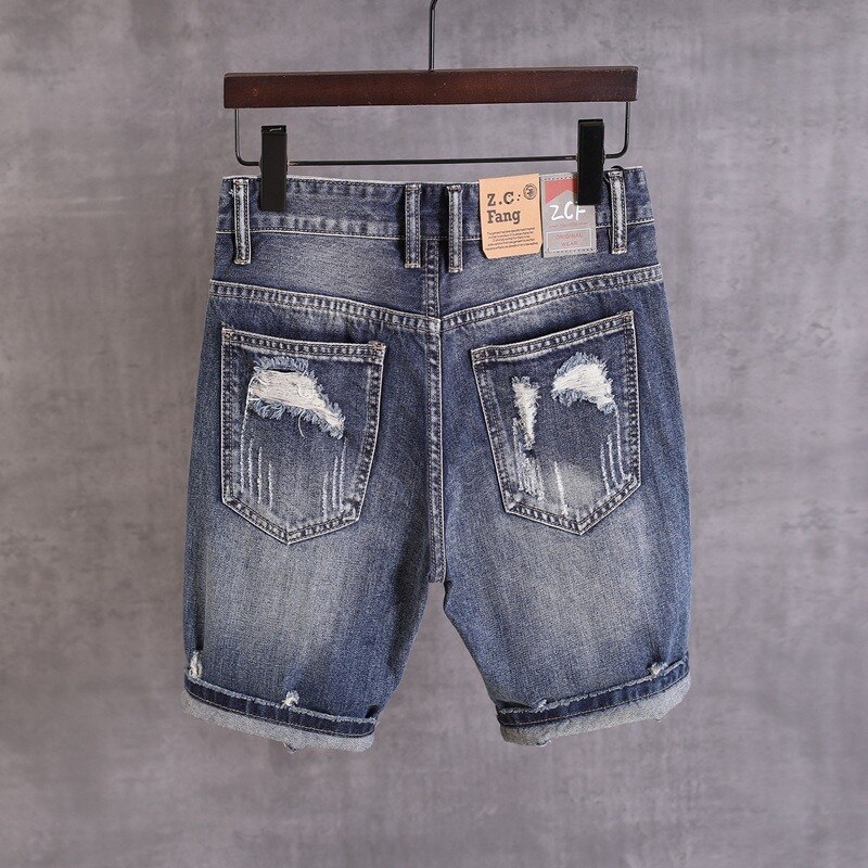Pantalones cortos vaqueros de estilo Hip Hop para hombre, Vaqueros cortos rasgados de estilo Retro, a la , color azul rota, novedad de verano de