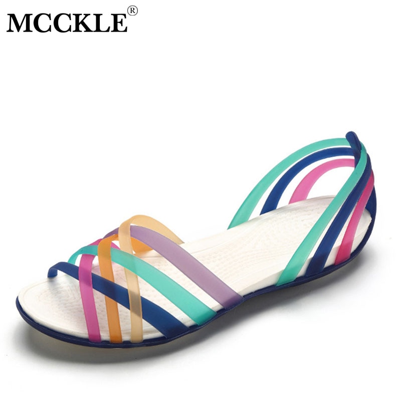 MCCKLE kobiety tęczowe galaretki sandały cukierki kolor Peep Toe damskie płaskie buty plażowe wsuwane slajdy Casual damskie letnie obuwie