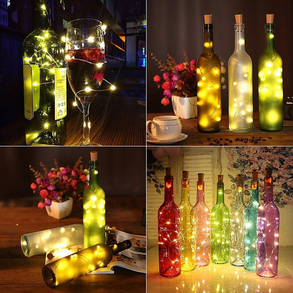 Streng ledet vinflaske med kork 20 ledet flaskelys batterikork til fest bryllup jul halloween bar dekor varm hvit