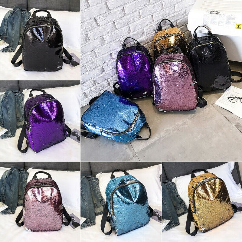 Feminino senhora lantejoulas mochila meninas escola mochila bolsa de ombro de viagem