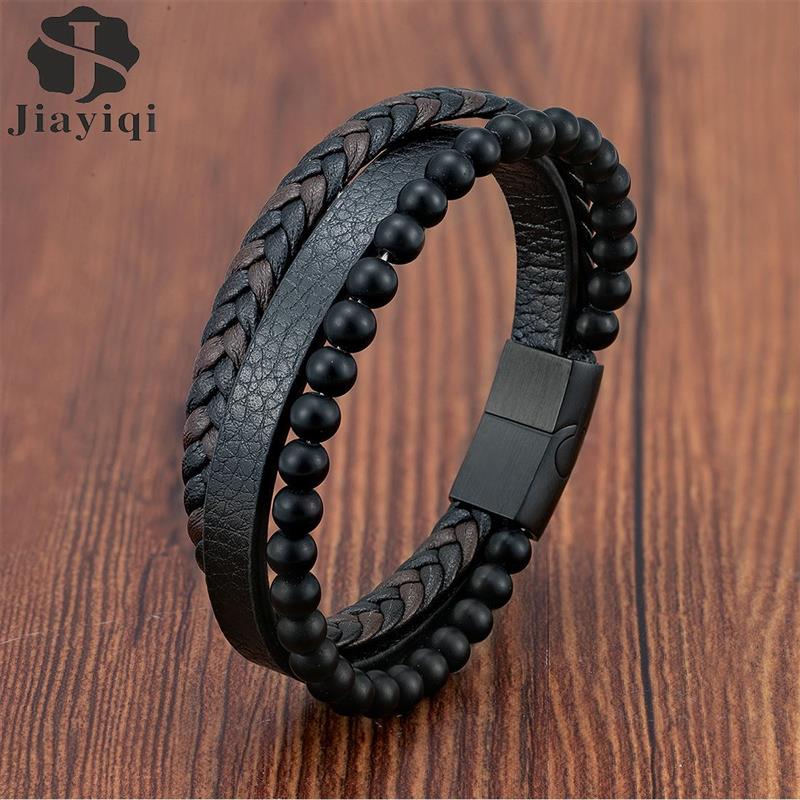 Mode Vulkanische Steen Kralen Mutilayer Lederen Armband Voor Mannen Charm Rvs Magnetische Sluiting Wrap Bangle Jaar Cadeau