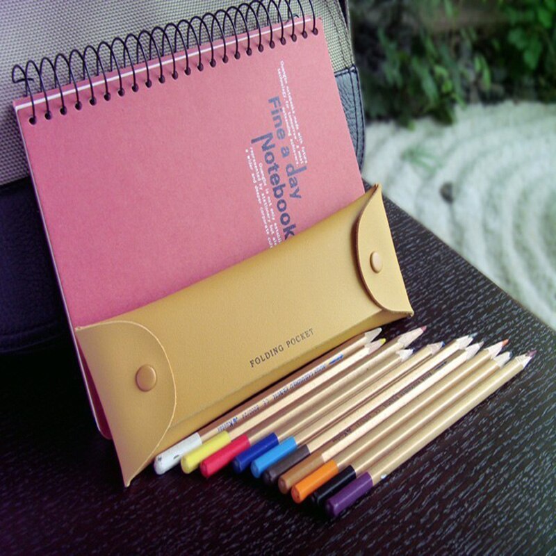 Opvouwbare etui met dubbele gesp, koreaanse eenvoudige etui, school- en kantoortas, pu-opbergtas, lange mini-knoopsluiting, opvouwbaar vak