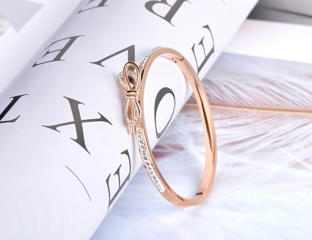 Lokaer Trendy Bowknot Mosaic Rhinestone Bangles & Bracelet Jewelry Rose Gold Color Stainless Steel Wedding Bangle B19093