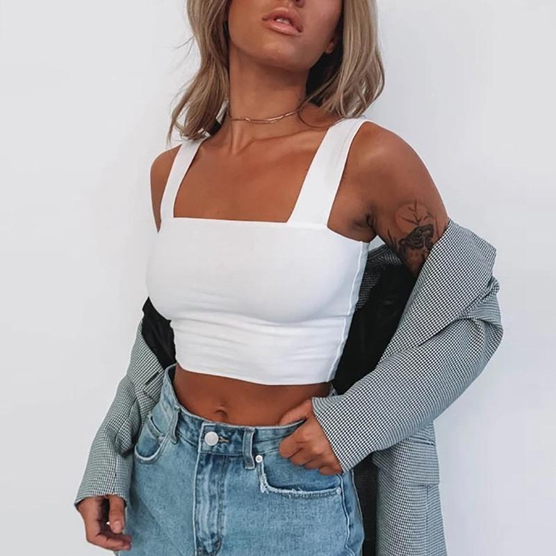 Ærmeløs sommer crop top med firkantet hals, hvid, sort, afslappet basis t-shirt med off-shoulder-effekt, sexet, rygløs tanktop: L / Hvid