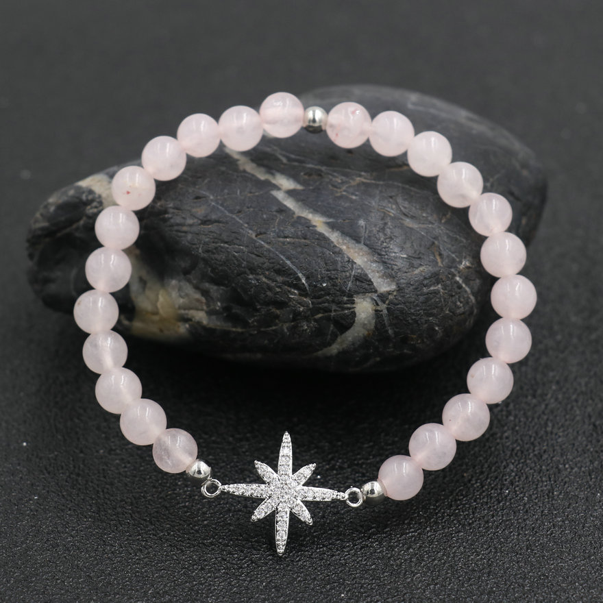 Lucky Zilver Kleur Rhinestone Star Armband Voor Vrouwen Roze Quartz Kralen Armbanden Steen Mannen Sieraden Lovers Femme