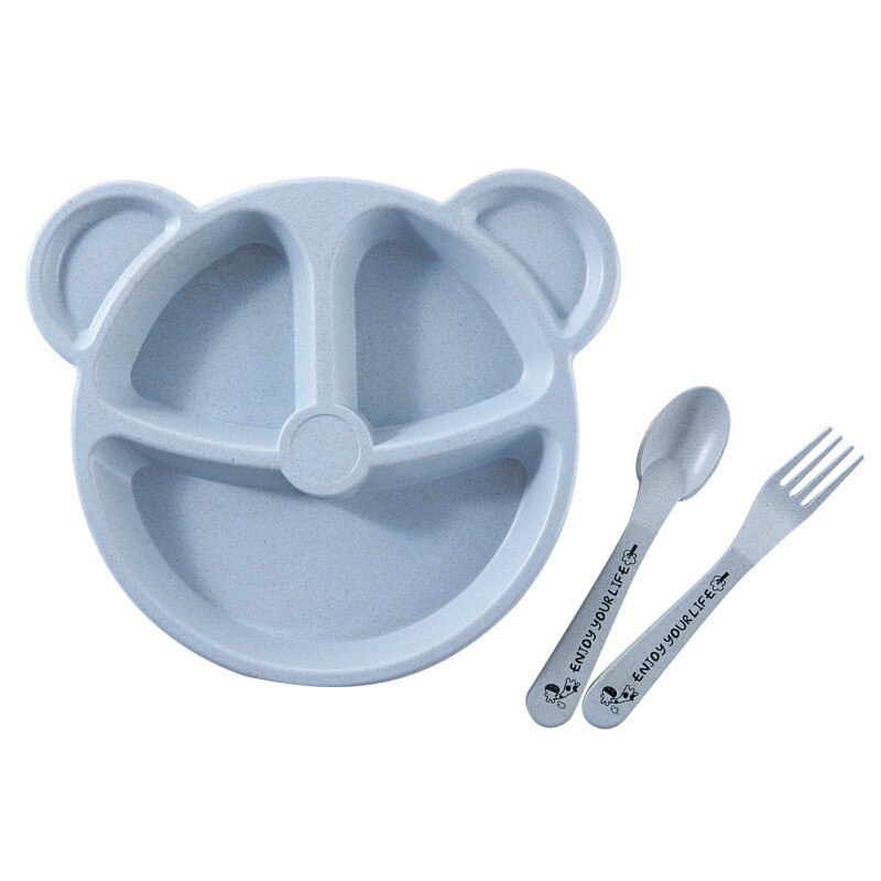 Baby bowl+spoon+fork Feeding Food Tableware Set Cartoon Bear Kids Dishes Eating Dinnerware Anti Wheat Straw Training Plate