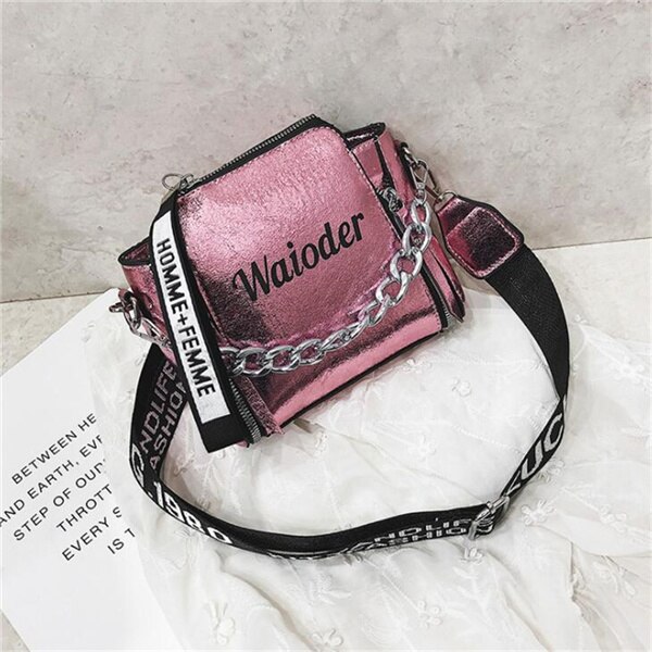 Yogodlns Tide Ladies Letter Handbags Wide Strap Chains Shoulder Bag Women Crossbody Bags Bolsa Girls Small Purse: pink