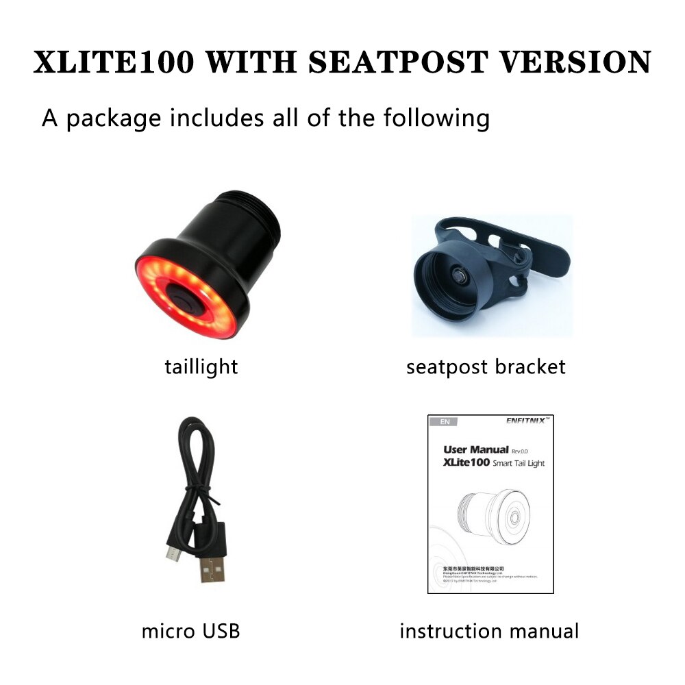 Enfitnix – lampe de poche XLite100 pour vélo, feu arrière intelligent avec détection de freinage, démarrage/arrêt automatique, chargeur USB, IPX6: Saddle version