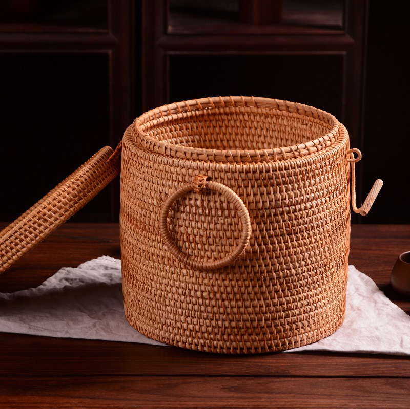 Rattan Woven Cylindrical Tea Cake Storage Box Canister Lid Container Tea Ceremony Tool