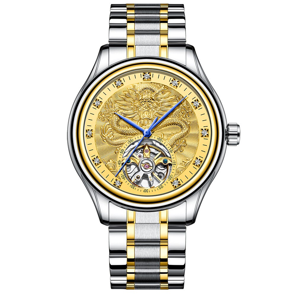 FNGEEN Luxus Männer Automatische Mechanische Uhr Wasserdicht Gold Drachen Uhren Für Männer Edelstahl Tourbillon Relogio Masculino: Silber- Gold