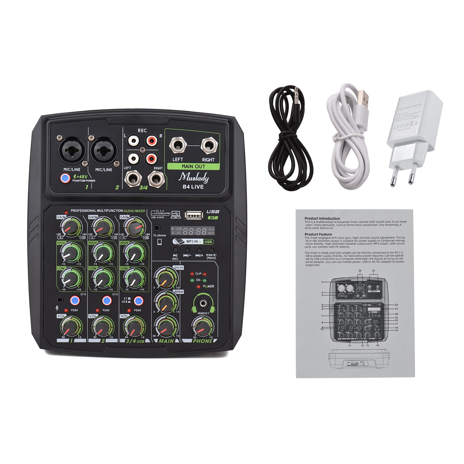 Muslady 4-Channel Audio Mixer Mixing Console LED Screen Built-in Soundcard USB BT Connection with 2-band EQ Gain Delay: EU Plug
