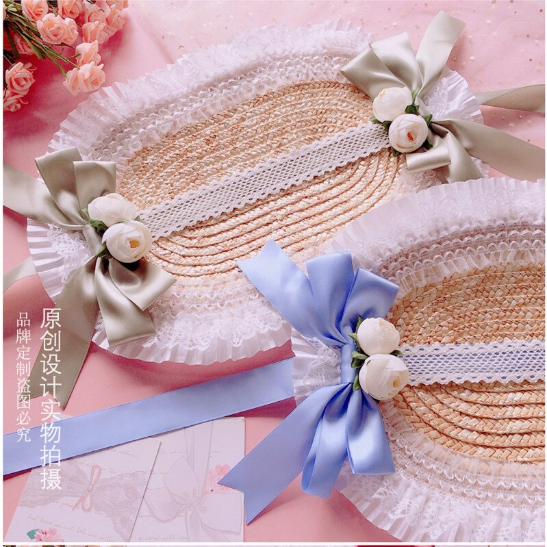 Chapeau de paille Lolita pastorale, fait à la main, doux, dentelle à volants, ruban de coupe, , fête de thé, Cosplay Floral, béret Lolita