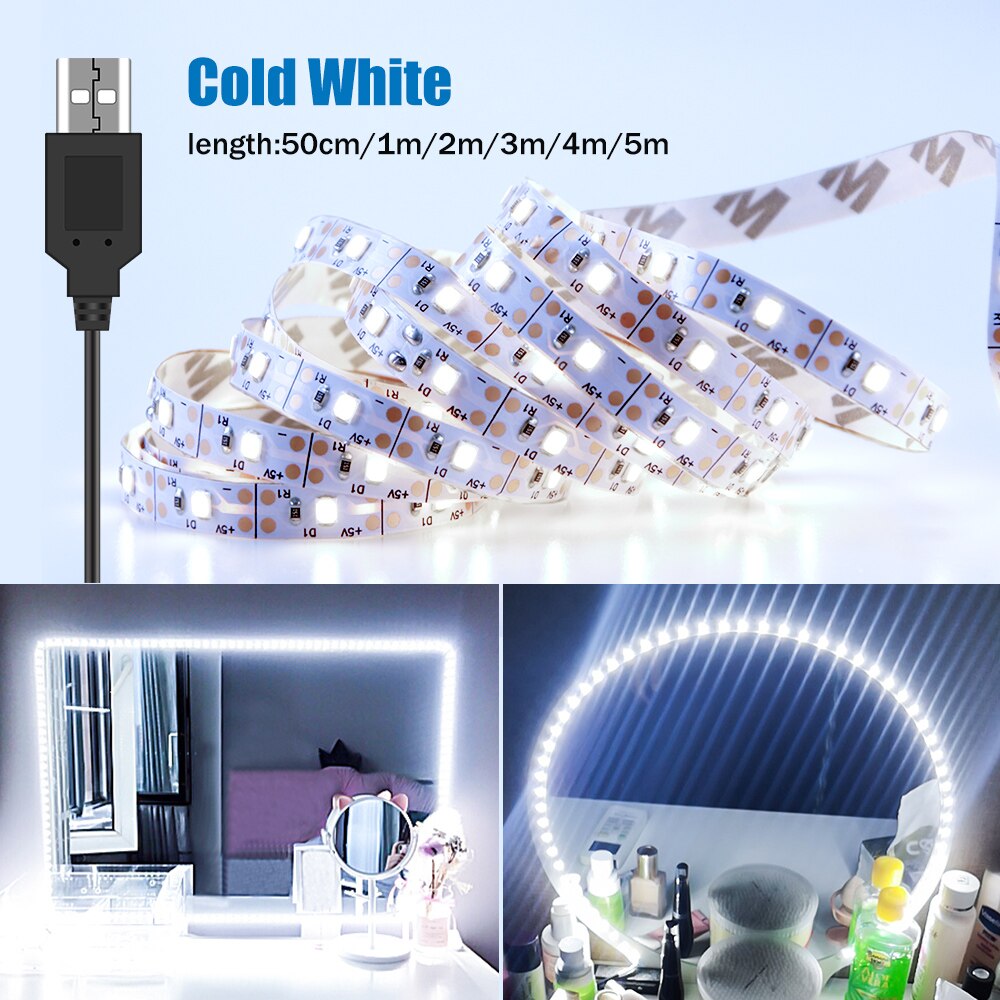 Luz LED para espejo de tocador de maquillaje, lámpara de belleza alimentada por USB para iluminación de decoración del hogar, 1M, 2M, 3M, 4M, 5M, 5V