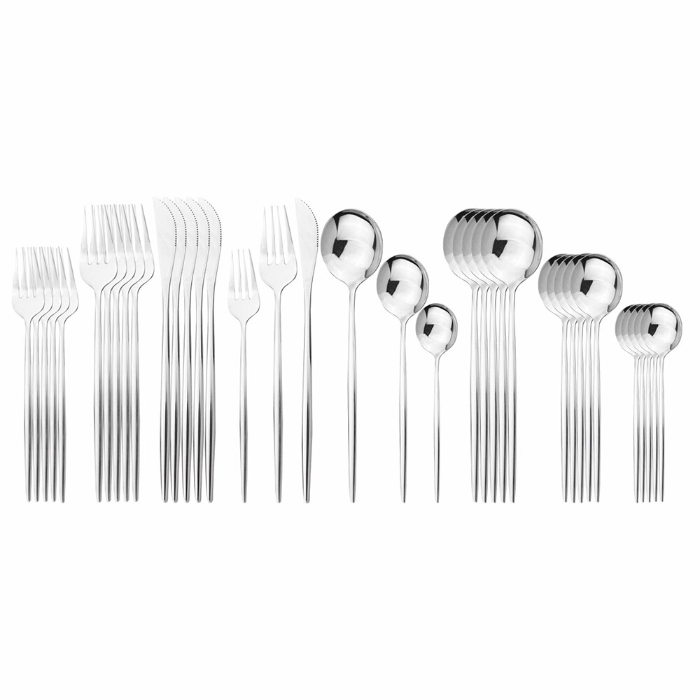 36 stk sort guld bestik sæt 18/10 rustfrit stål guld spisestel home western ske gaffel kniv bøf spisestel service sæt: Sølv