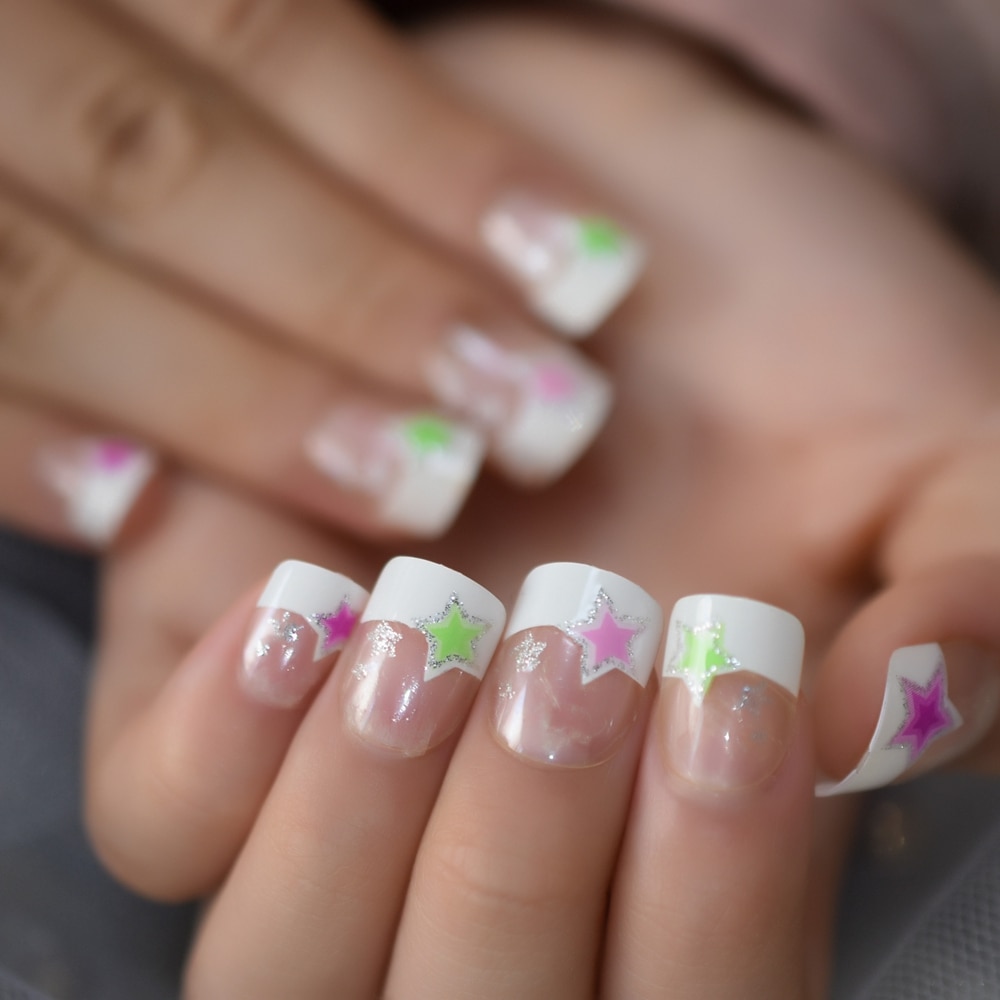 Uñas postizas con estrellas de colores para chica,... – Grandado