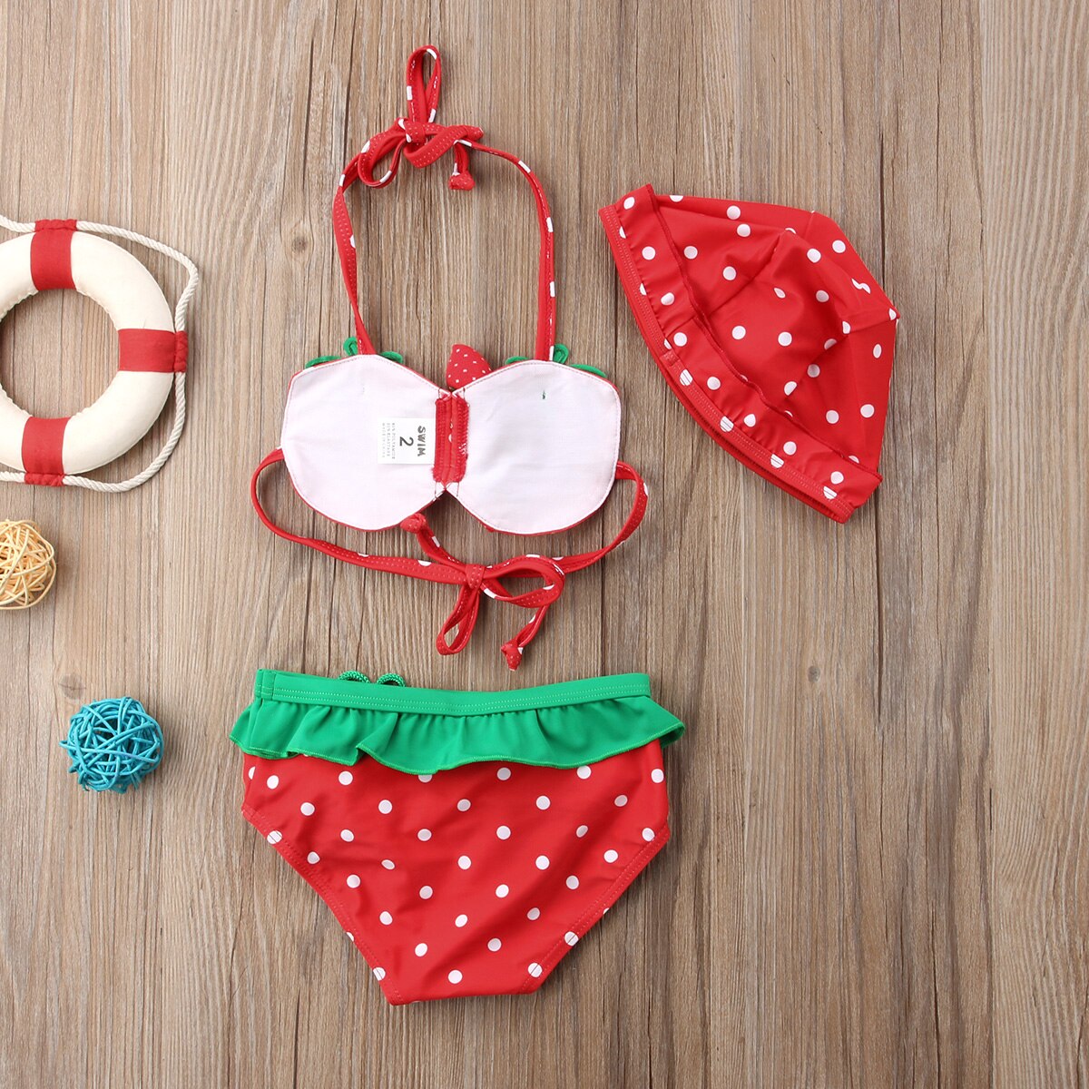 Baby pige jordbær trykt ruffet bikini tankini sæt med hat børn sommer strand to stykker badedragt badetøj badedragt