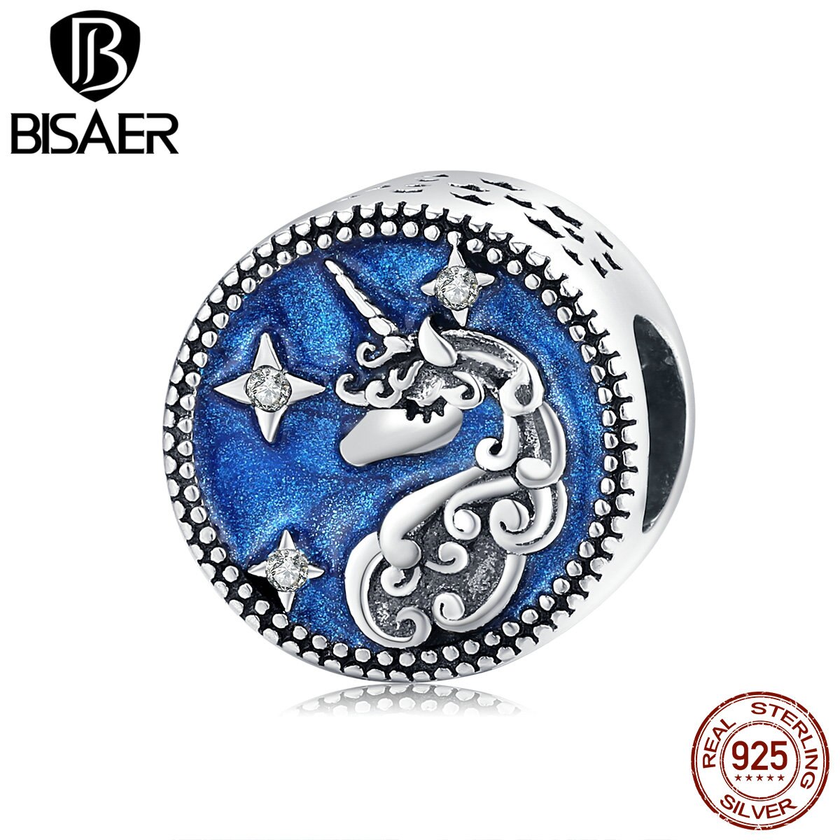 Unicorn Charms BISAER 925 Sterling Silver Blue Enamel Licorne Pave Beads Charms fit Original 925 Jewelry Making EFC230