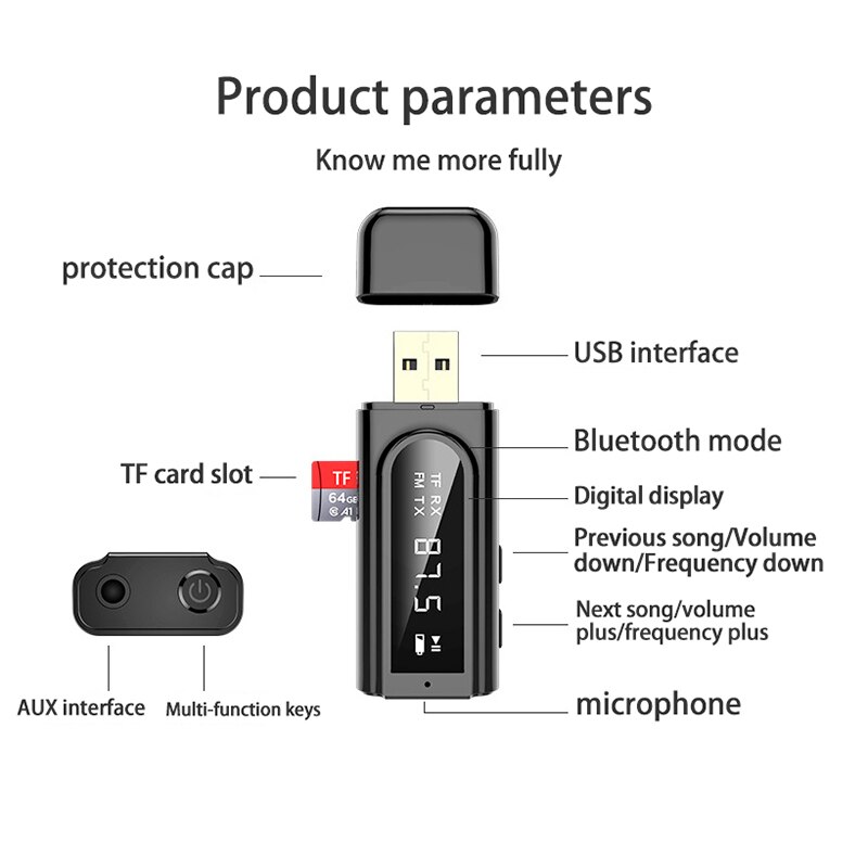 Usb Led Auto Fm Modulator 3.5Mm Aux Jack Bluetooth 5.0 Dongle Ontvanger Zender Carkit Ontvanger Wireless Audio Adapter