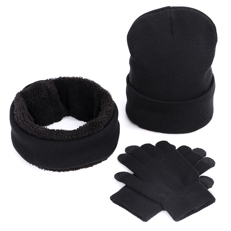 Hatte halstørklæder handsker tredelt sæt mænd kvinder vinter varm ring tørklæde touch screen handsker beanies bomuld udendørs soft cap motorhjelm: Sort