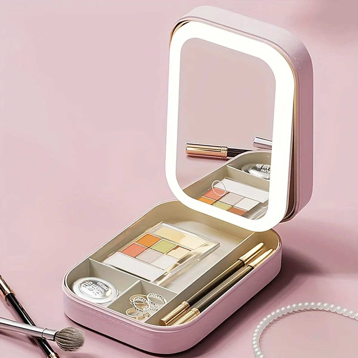 1PC Multi-Functional Storage Organizer with Mirror – Compact yet Spacious Storage Box for Efficient Organization: Pink