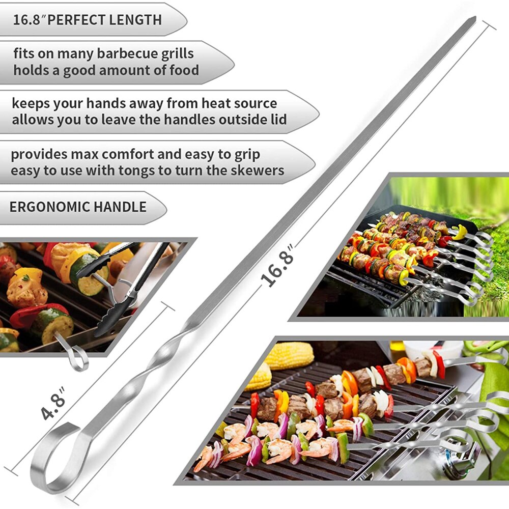 MLIA 10pcs Barbecue Meat String Skewers Chunks 16.8" Long Meat Stainless Steel Shish Roast Stick Wide Reusable Grilling Skewers