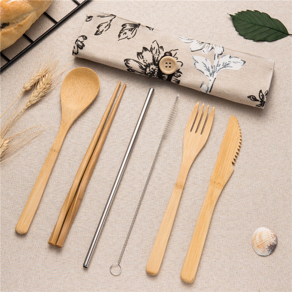 7pcs Reizen Bestek Hout Draagbare Servies Set Houten Bestek Sets Reizen Serviesje Pak Milieu met Doek Bag: 7pcs set004