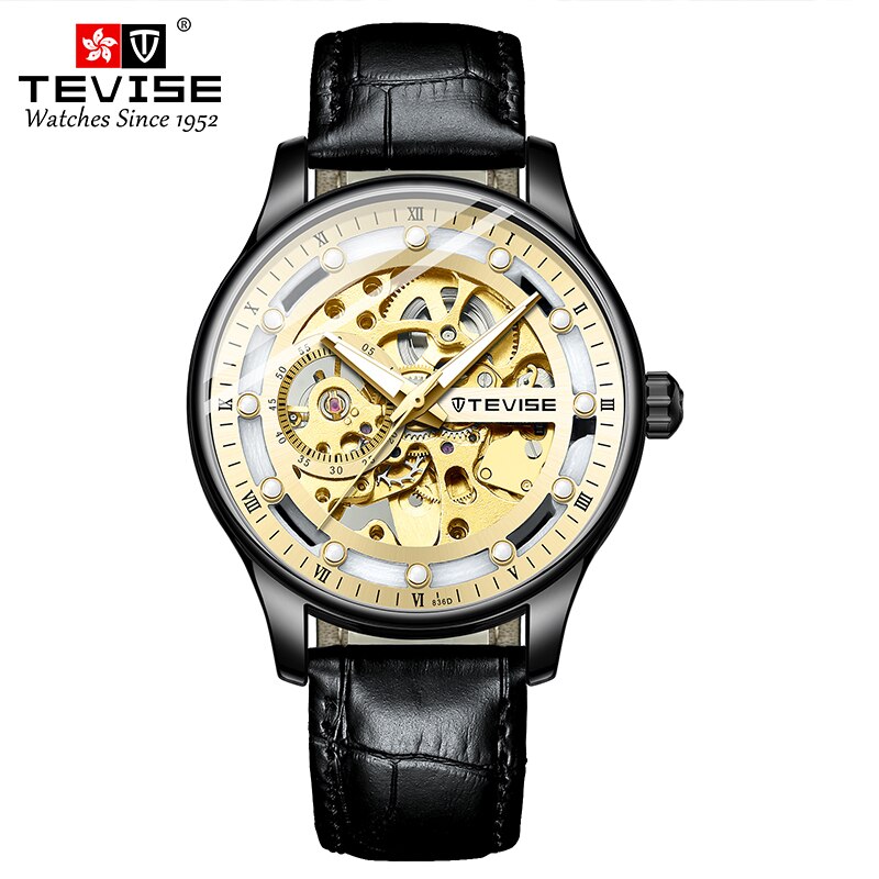 Tevise Skeleton Automatische Mechanische Mannen Horloge Lederen Band Mannelijke Klok Top Luxe Mannen Polshorloge: black gold