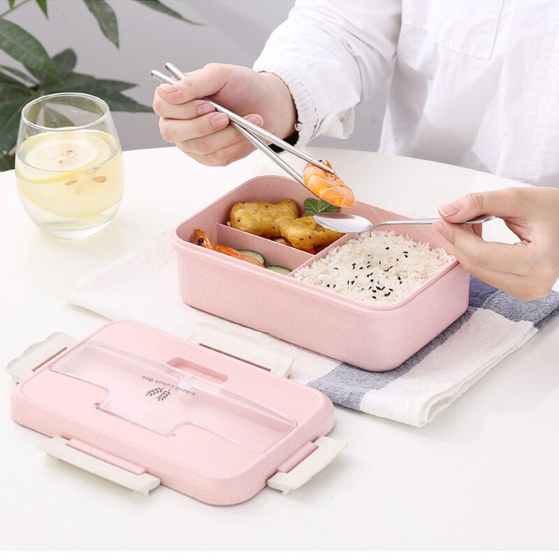 Fiambrera con contenedor de almacenamiento de alimentos para niños, caja de almuerzo con cuchara, palillos, vajilla de paja de trigo, escuela y oficina