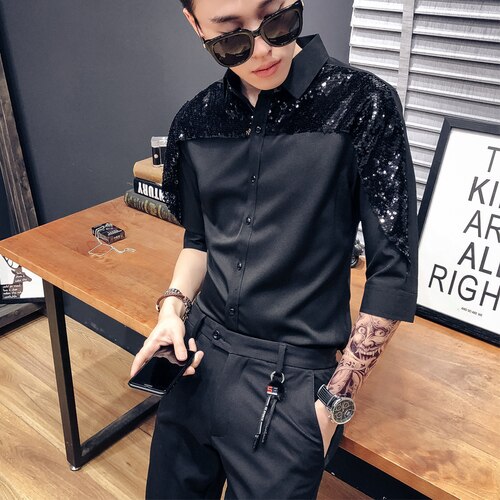 Paljett smoking skjortor män casual slim fit långärmad herr klänning skjortor nattklubb fest bal streetwear kläder social skjorta: Svart / Asiatisk storlek m