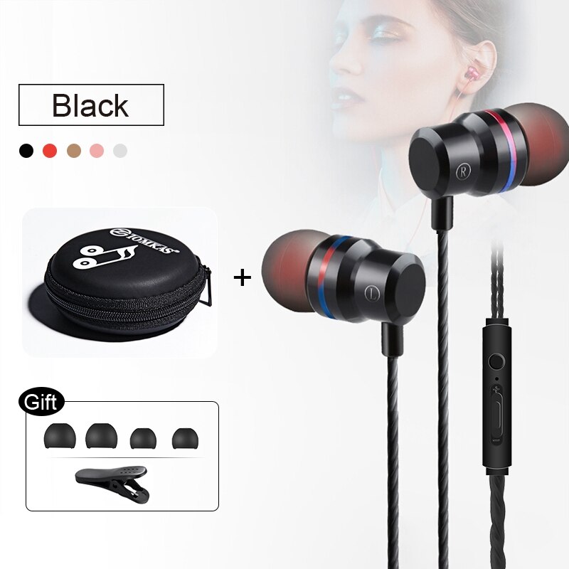 TOMKAS Universal Headphones 3.5mm In Ear Stereo Earbuds For Xiaomi Sport Wired Earphone For Mobile Phone fone de ouvido: Black with Box