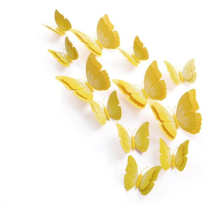Autocollant mural papillon 3D Double couche, 12 pièces, pour la décoration de la maison, aimant pour réfrigérateur, colle gratuite: Yellow B