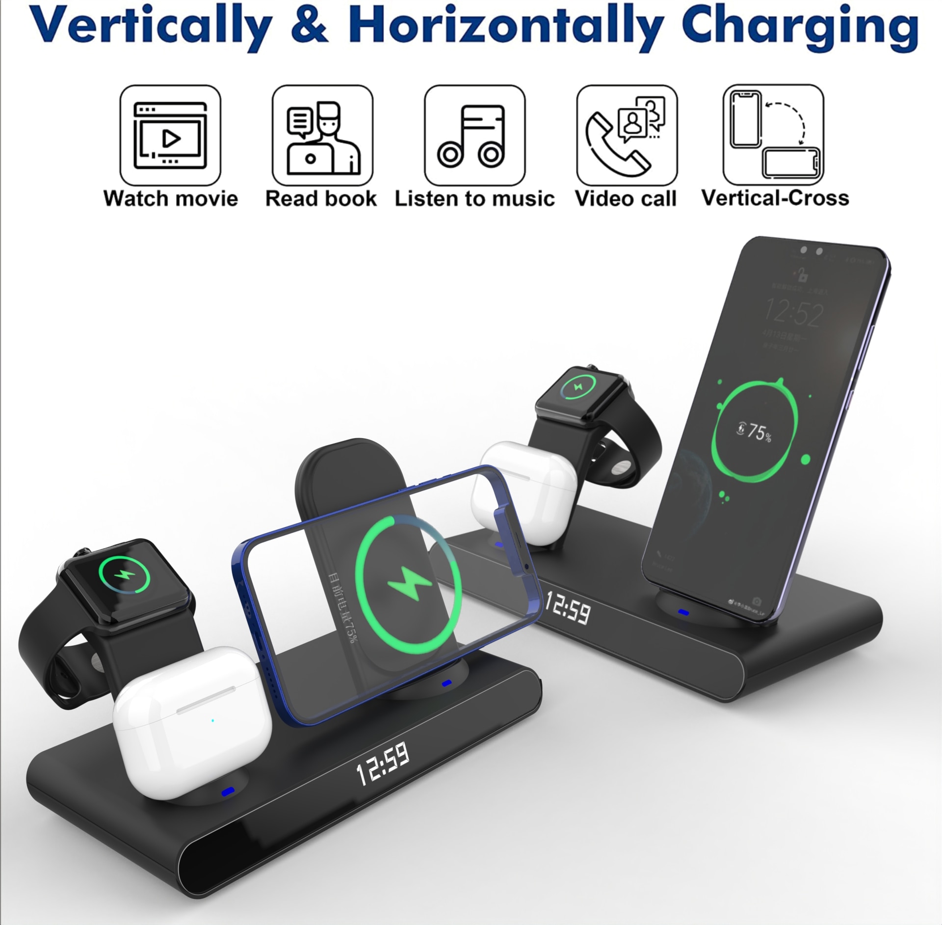 Chargeur sans fil Qi 3 en 1 pour iPhone 13 12 Pro Max iWatch AirPods, Station de charge rapide