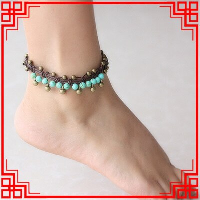 Chaînes de chevilles en pierre ethnique pour femmes 3 couleurs, chaînes de pieds tressées, faites à la main, clochettes de cheville vintage à la en laiton: Plaqué rhodium
