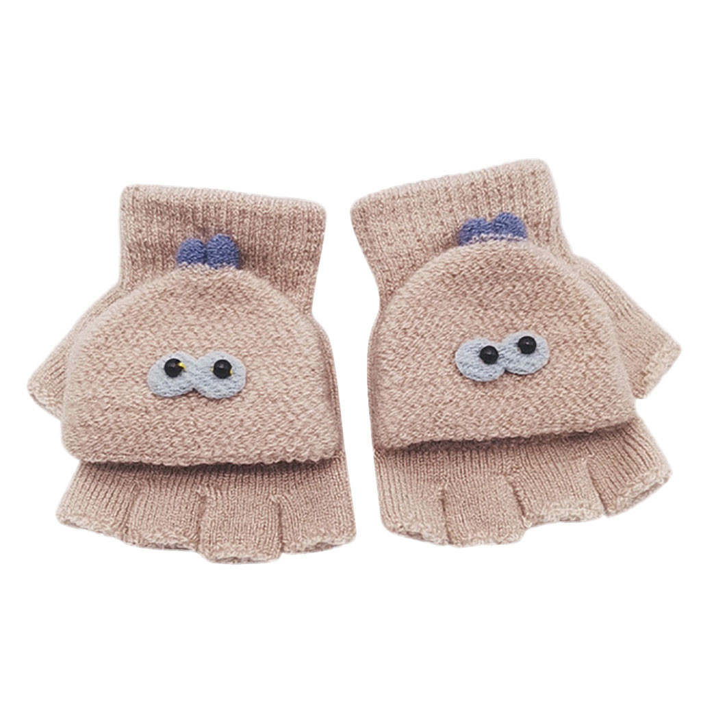 Children Kids Boys Girls Winter Cartoon Cat Patchwork Color Warm Knitted Gloves Kids Boy Girl Convenient Half-finger Gloves: Beige