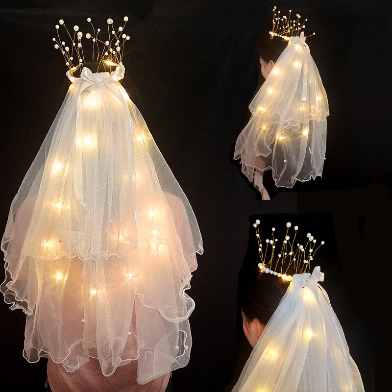 LED Flower Tulle Veil Headband Light Wreath Crown Women Girl Glow Party First Communion Wedding Luminous Festival Costume