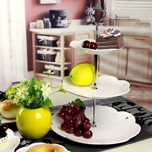 Soporte de 3 niveles con mango de soporte para bandeja de pastel, decoraciones de mesa para fiestas, postre, estante para platos, bandeja de fruta