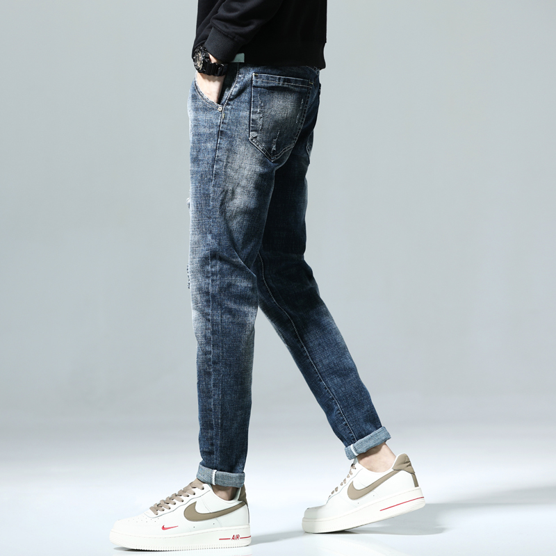 Pantalones vaqueros de motorista para hombre, Jeans elásticos de color azul oscuro, ajustados, rasgados, ropa de calle desgastada, pantalones de mezclilla informales Retro, pantalones de hip hop para hombre