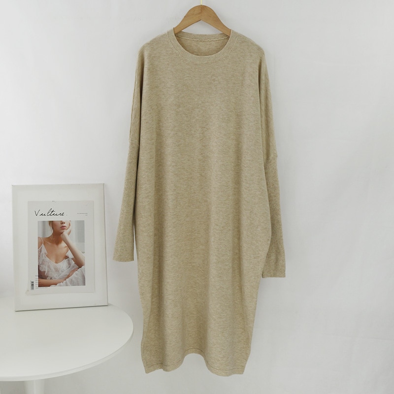 Aachoae lös o hals stickad tröja klänning kvinnor solid batwing långärmade mjuka klänningar hemstil casual midiklänning vestidos: Aprikos
