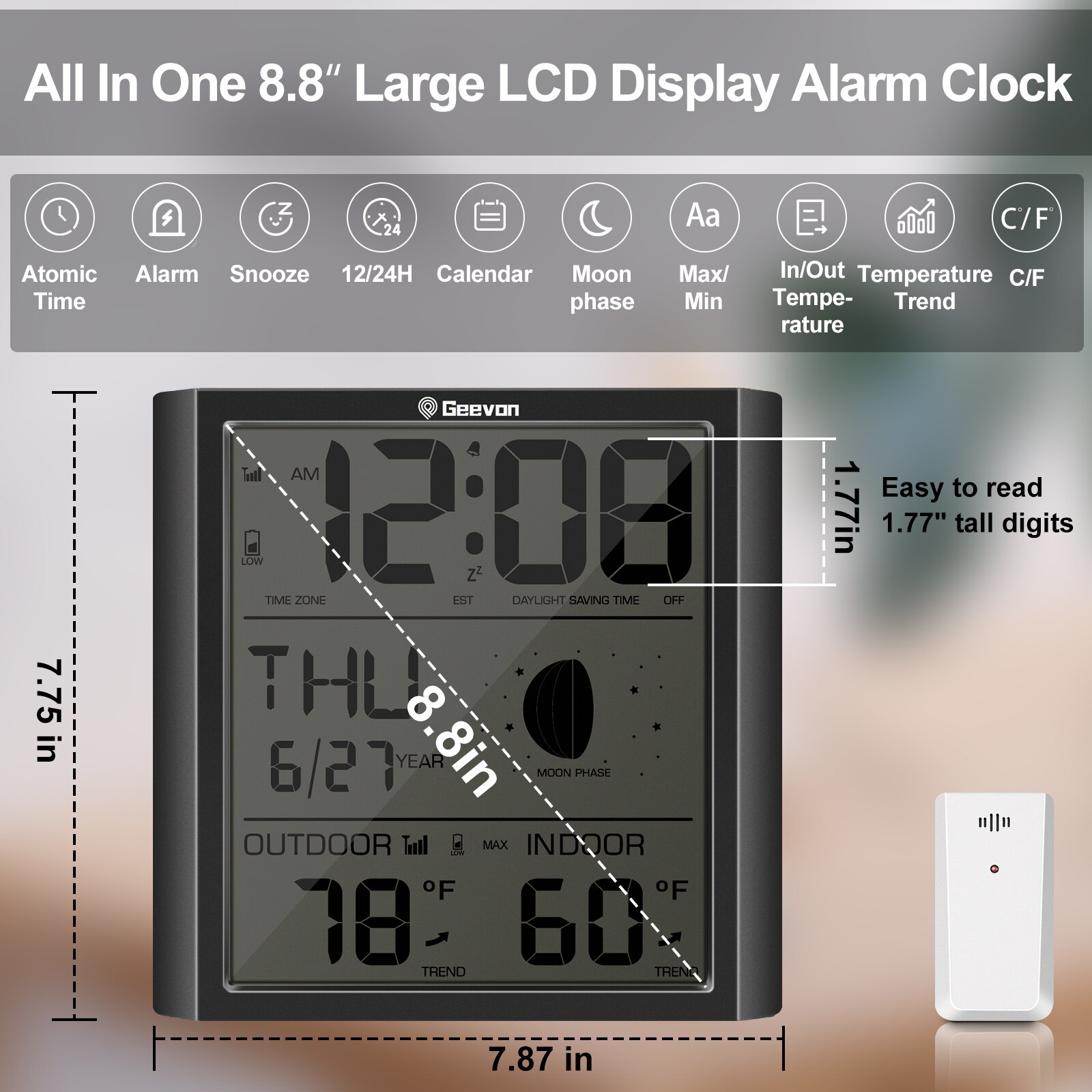 Geevon Alarm Clock Weather Station Indoor Table Watch With Temperature And Humidity Gauge Digital Moon Phase Snooze Desk Clocks
