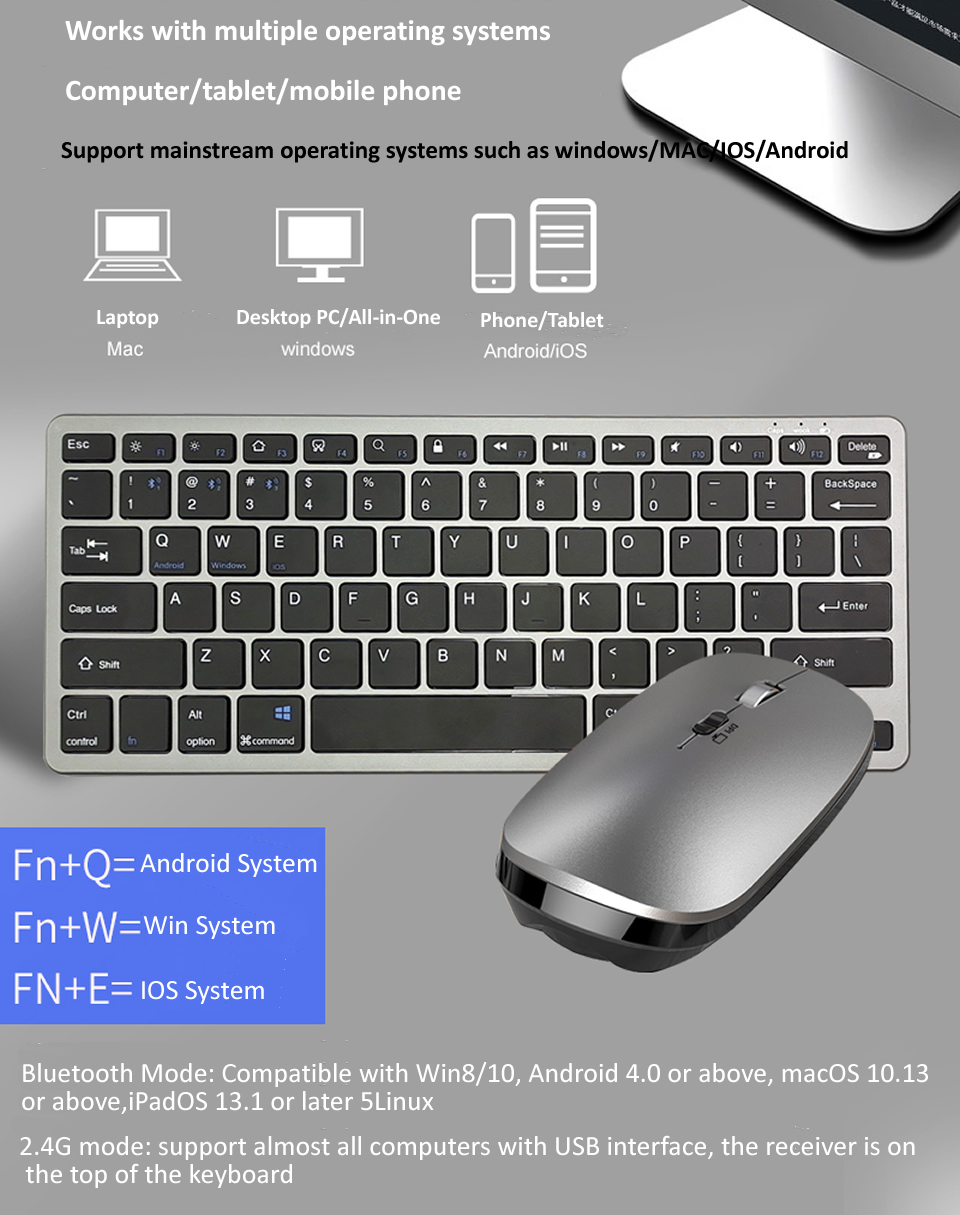 JOMAA 2.4G +Bluetooth Keyboard and Mouse Combo Multimedia Wireless Keyboard and Ergonomic Mouse Set for iPad Desktop PC Laptop: Gold