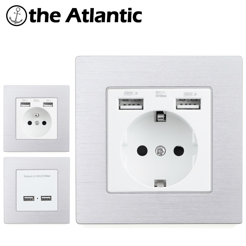 16A Socket Power Outlet EU France Standard Dual USB Outlet Port 5V 2.1A Wall Charger Adapter LED Indicator Aluminum Metal Panel