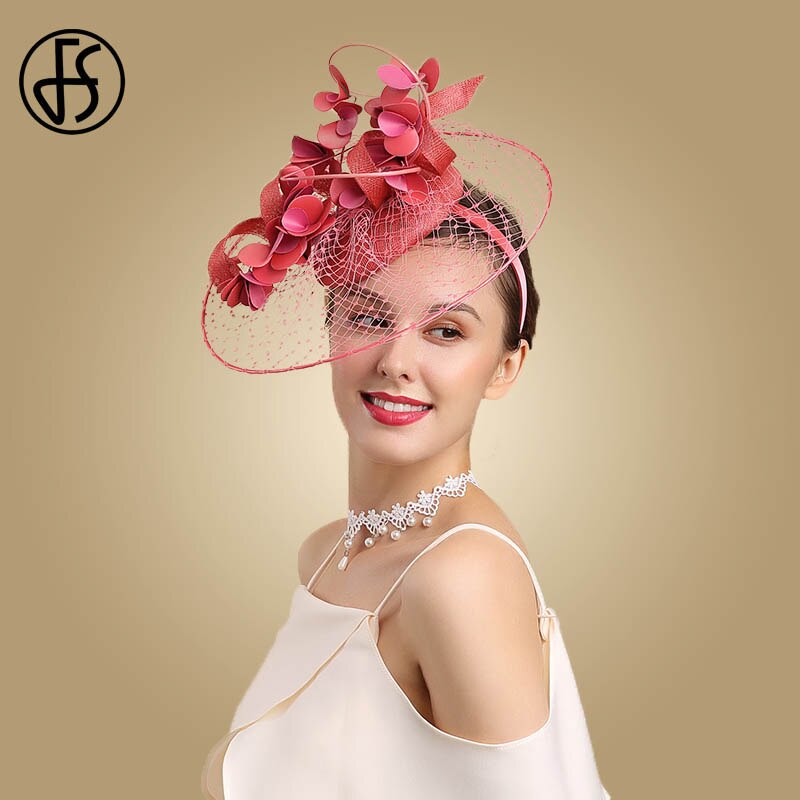 FS Womens Fascinators Red Derby Hat Flower For Lady Sinamay Church Hats Big Brim Fedoras Black Wedding Party Dress Hat: Red Fascinators