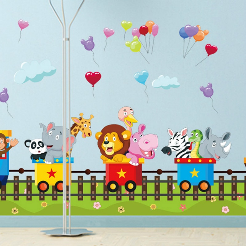 DIY Cartoon Animal Train Wall Stickers Kindergarten Children's Room Home Decorative Stickers Portfolio PVC Wall Stickers